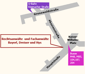 Mit den öffentlichen Verkehrsmitteln ist unser Büro gut zu erreichen: U-Bahnlinie U7, Eisenacher Straße, Buslinien M48, M85, 104, 187, 204, Kaiser-Wilhelm-Platz.